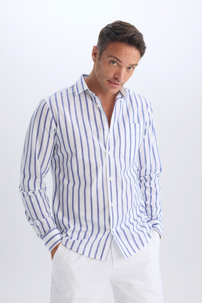 DeFacto Blue Man Modern Fit Polo Collar Striped Striped Long Sleeve Shirt Casual - Image 4